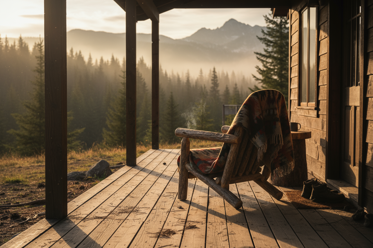 Cabin porch at golden hour