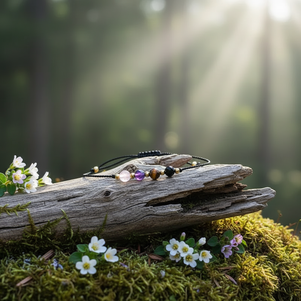Protection crystal bracelet on driftwood with moss