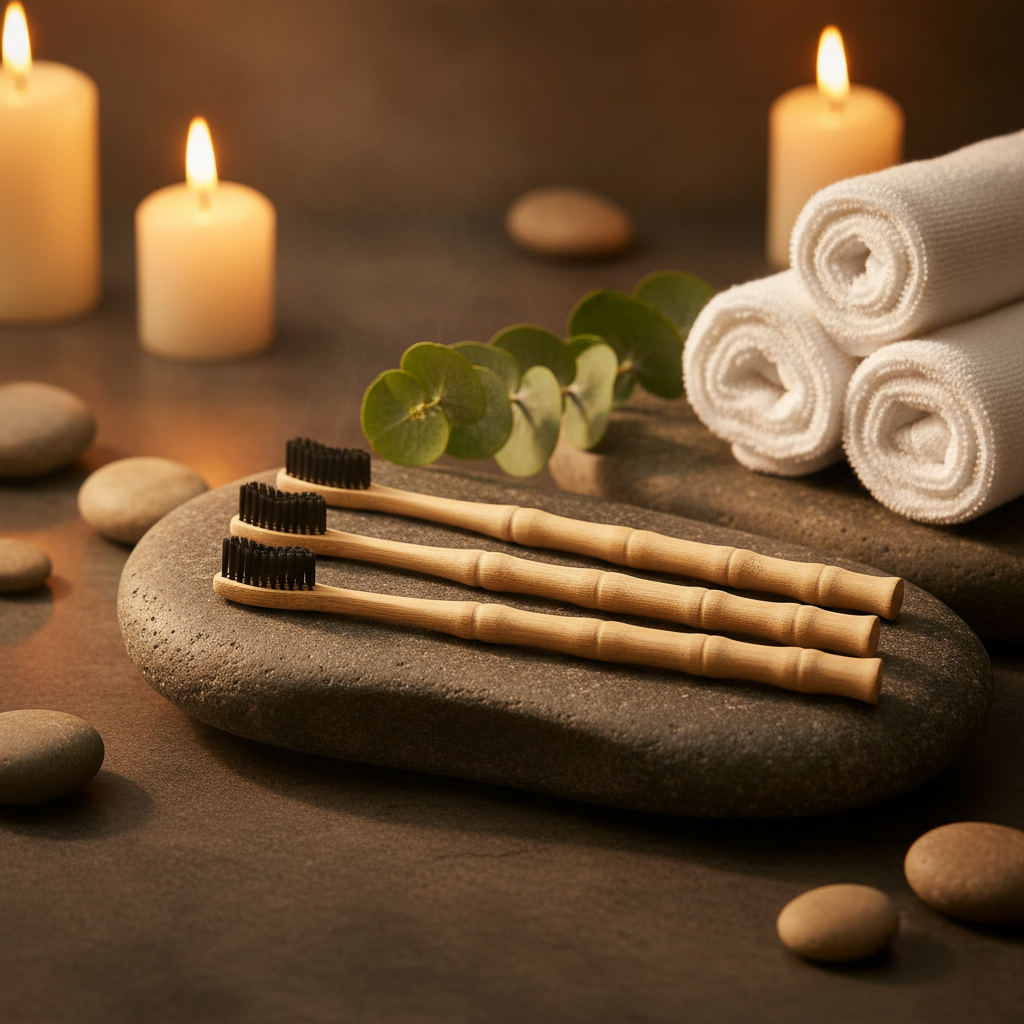 Bamboo toothbrushes on stone in luxury spa