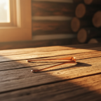 Copper tongue scraper on cabin wood