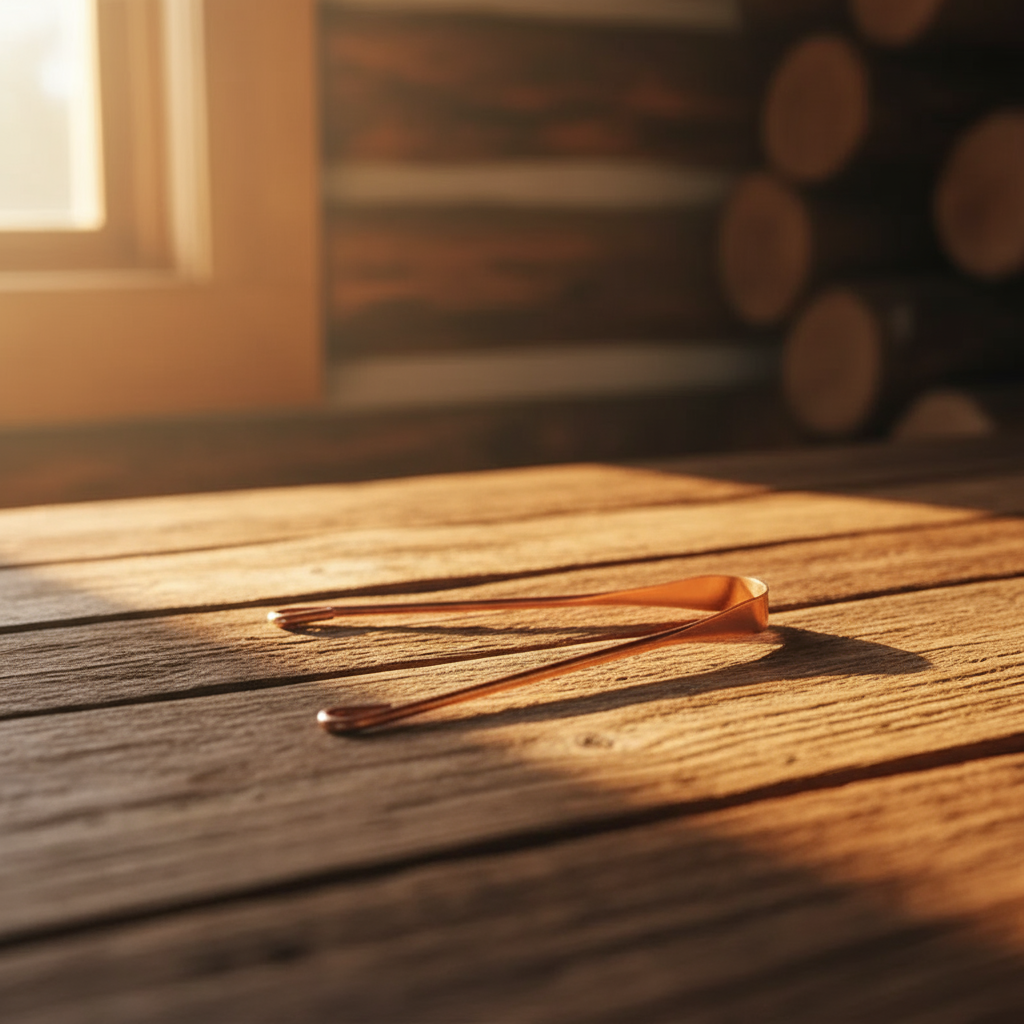 Copper tongue scraper on cabin wood