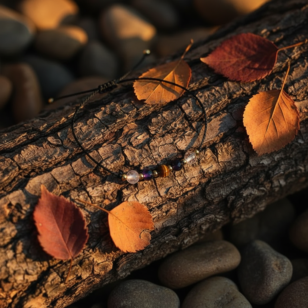 Crystal bracelet close-up on tree bark