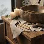 Bamboo toothbrushes on linen by stone sink