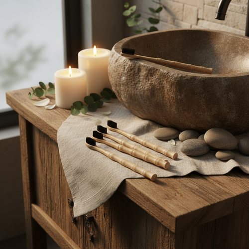 Bamboo toothbrushes on linen by stone sink