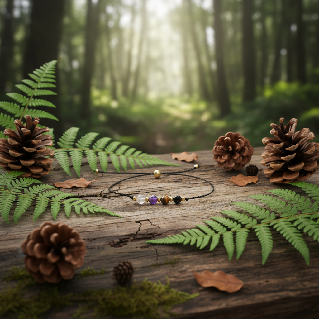 Crystal bracelet in forest clearing