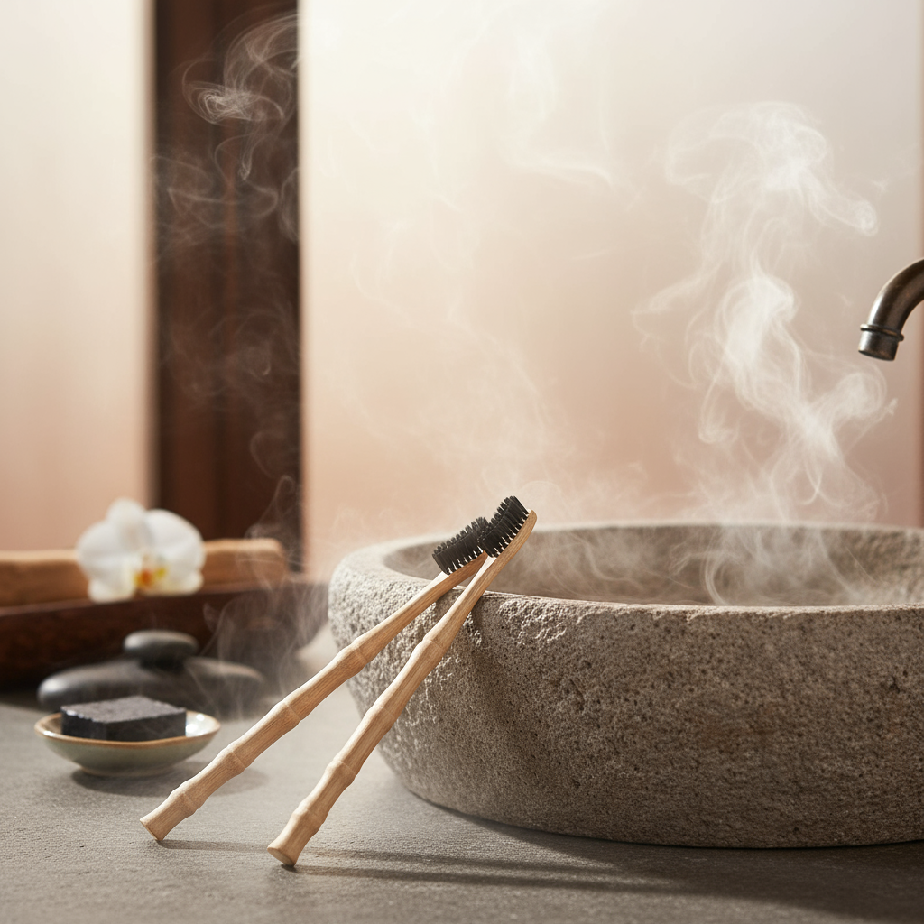Bamboo toothbrushes in spa with morning light