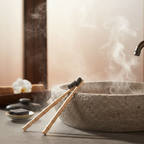 Bamboo toothbrushes in spa with morning light